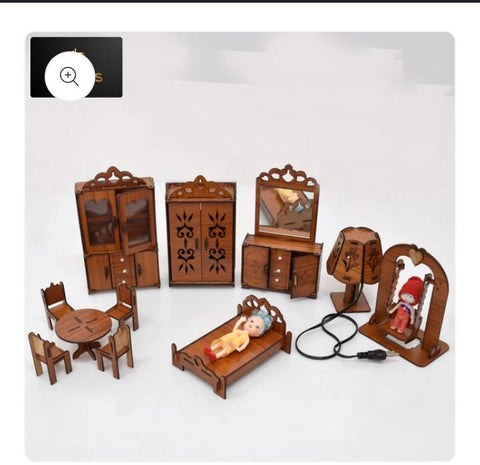 Wooden Doll House Furniture Set with Table Lamp